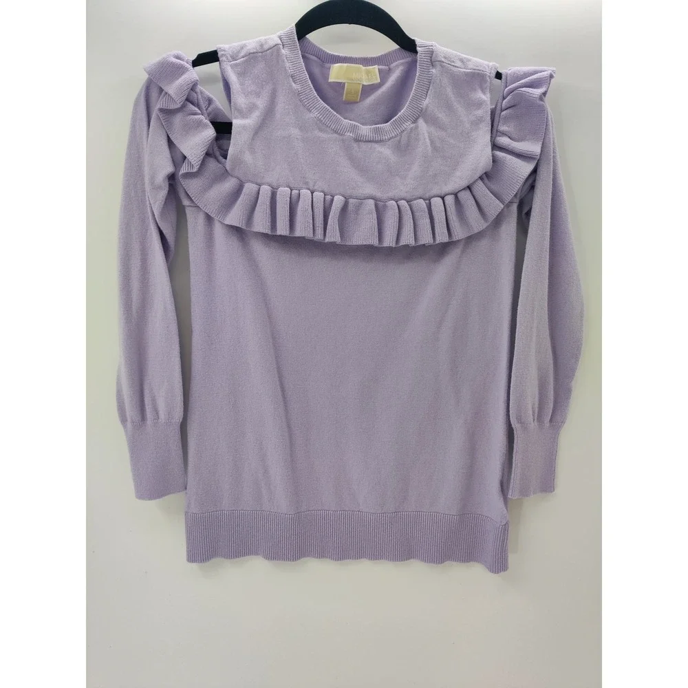 Michael Kors Lavender Purple Cold Shoulder Ruffle Sweater Small Cotton Blend Top